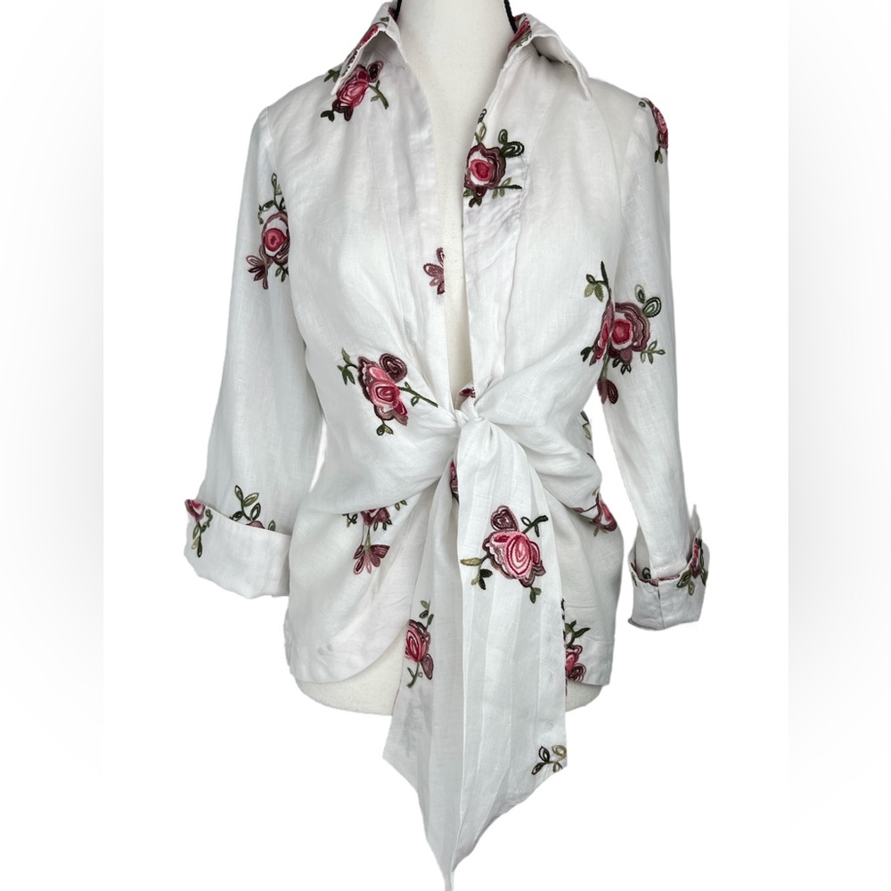 MISHCA White 100% Linen Tie-Front Blouse | Embroidered Floral Detail | S